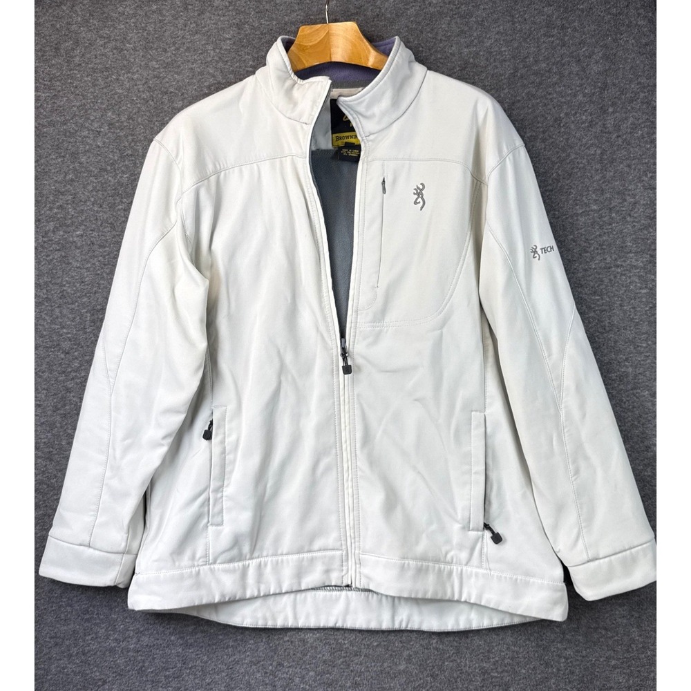 Browning Softshell Jacket Mens XL Off White Tech Fleece Lined Full Zip Outdoor